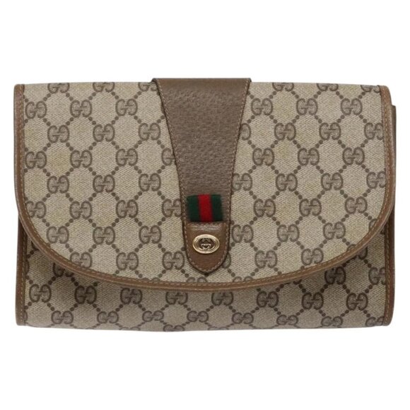 GUCCI GG Canvas Web Sherry Line Clutch Bag Beige Red - Picture 1 of 15